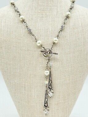 Brighton Zoe Silver Tone Crystal & Pearl Lariat Toggle Necklace